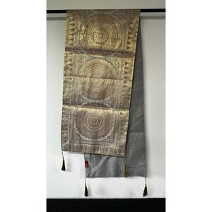 Banarsi Designs Gold Grey Mandala Brocade Silk Table Runner Tassels New 16"x72"